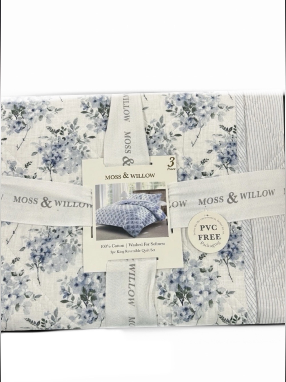 Moss & Willow Cotton Blue and White Cotton Floral Reversible King Quilt Set